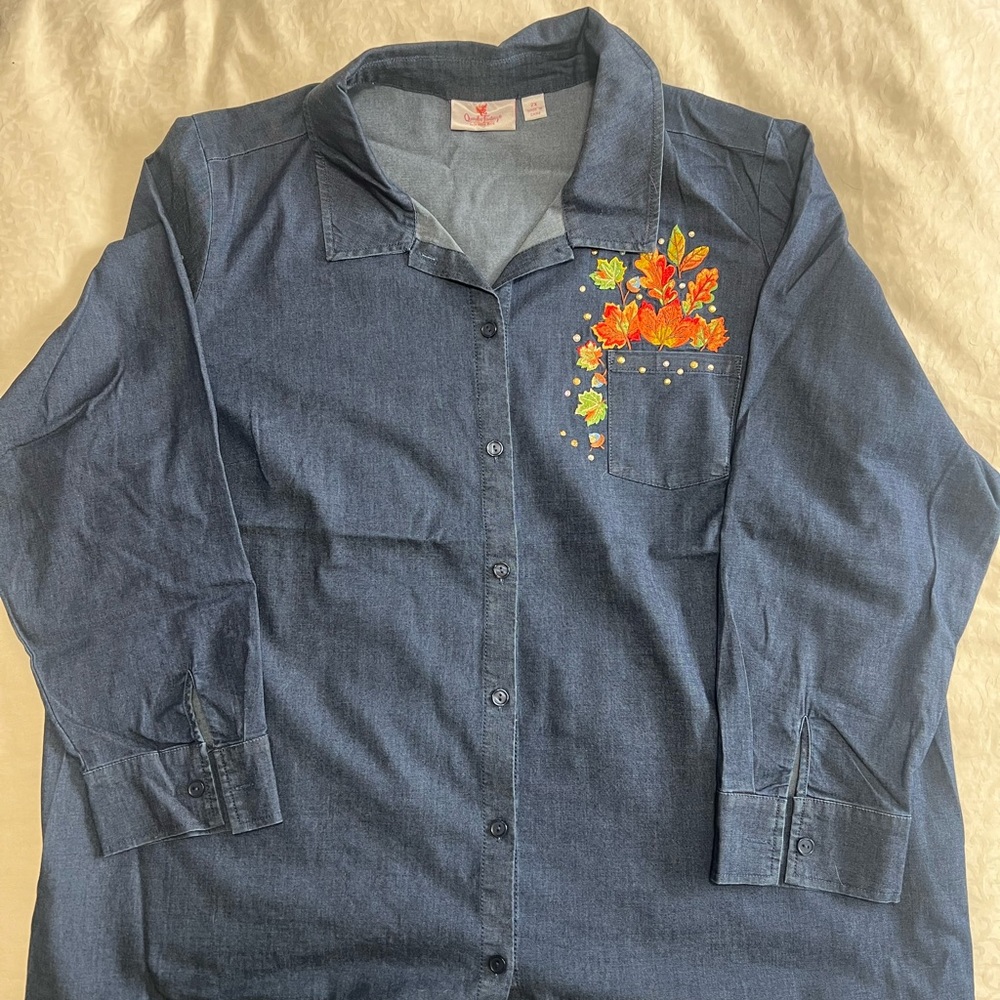 Quacker Factory Blue Denim Kids Shirt with Floral Embroidery